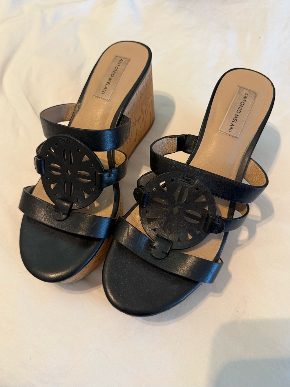 ANTONIO MELANI Black Leather Cork Platform Wedge Sandals